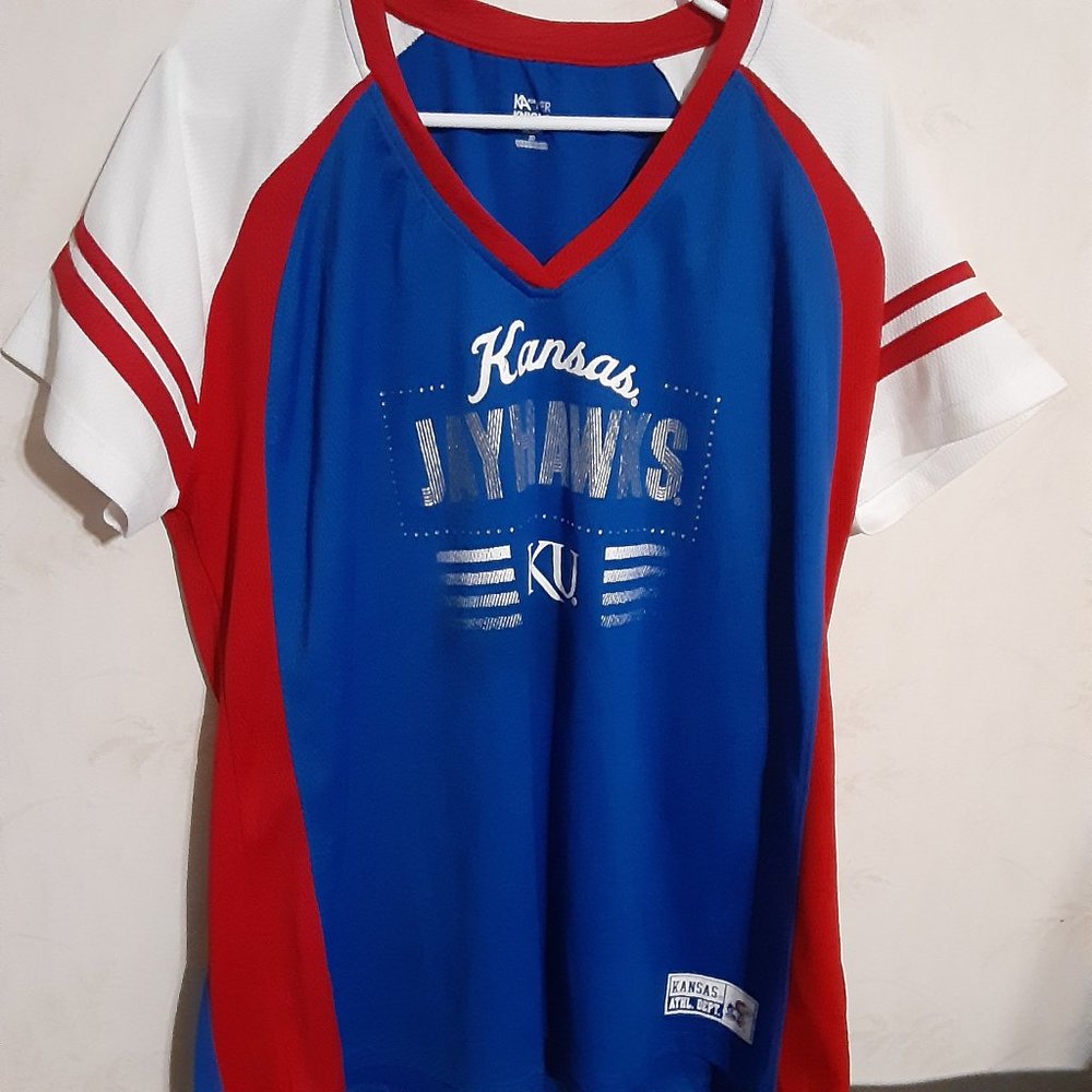 Knights Apparel Women's Kansas Jayhawks V Neck Short Sleeve Shirt 2XL